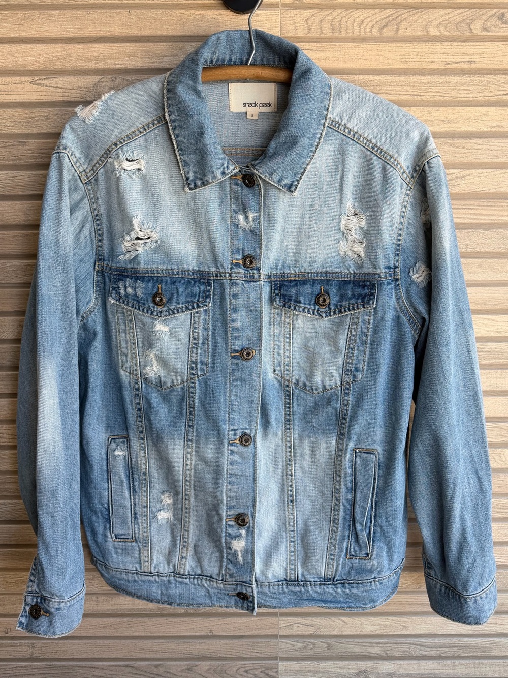 Distressed Denim Jean Jacket Faith Fear Kicker Graphic Oversized Small NWOT - Picture 2 of 5